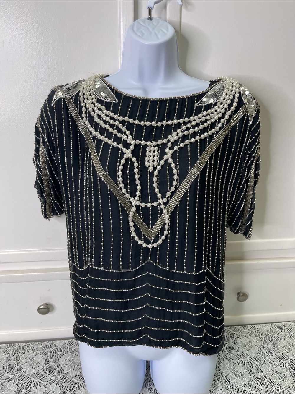 Vintage 1980s Art Deco Beaded Faux Pearl Silk Blouse Black Size S Rare